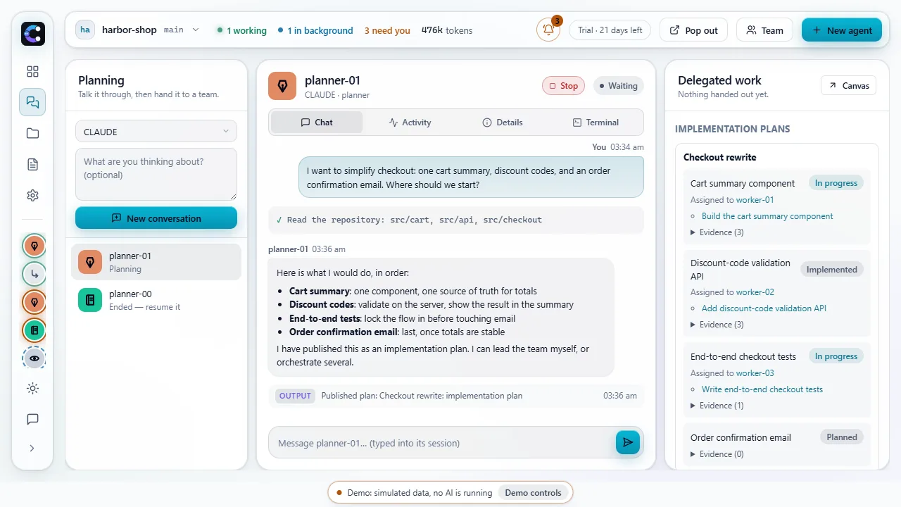 The Planning page in the light theme: a conversation on the left and the implementation plan on the right.