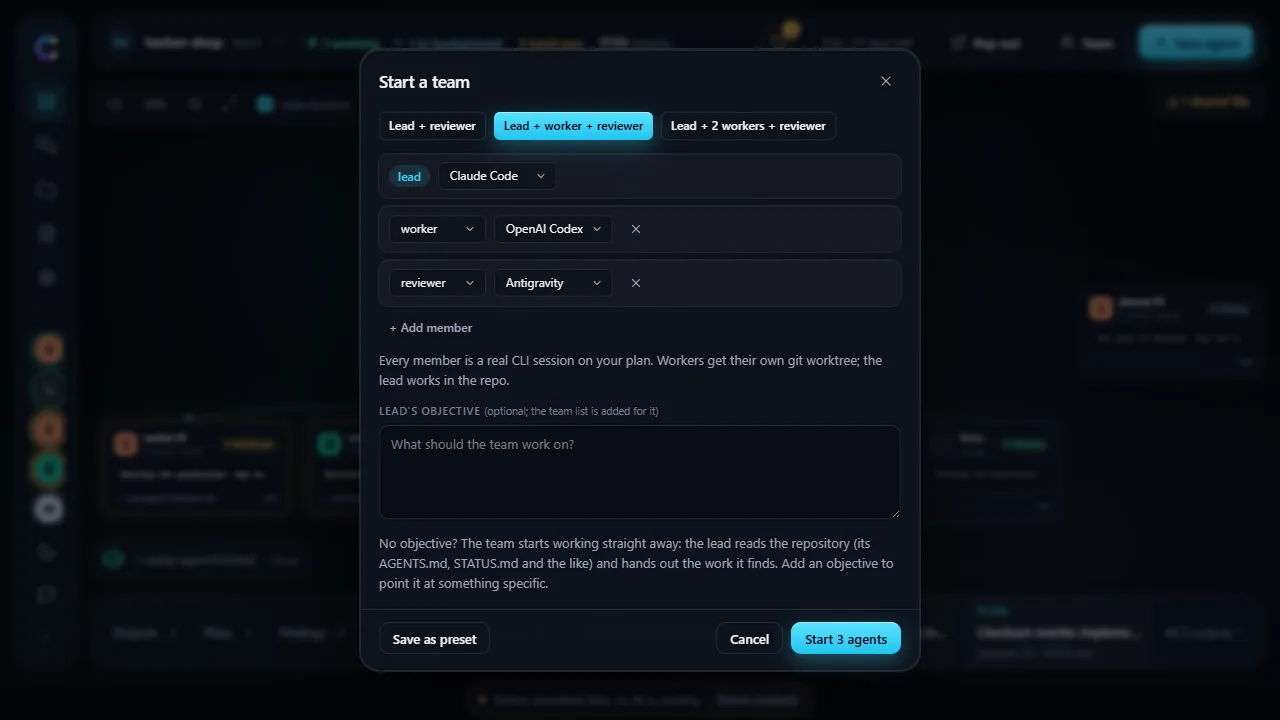 The Start a team dialog with a preset, a provider and role for each agent, and an objective.